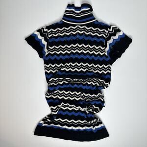 90s Y2K Vintage Mock Neck Turtleneck Tunic Top Small Blue Black Striped Retro